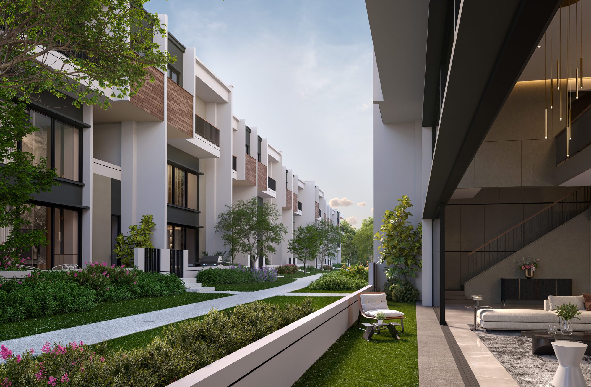 Parkhomes backyards opening onto landscaped gardens