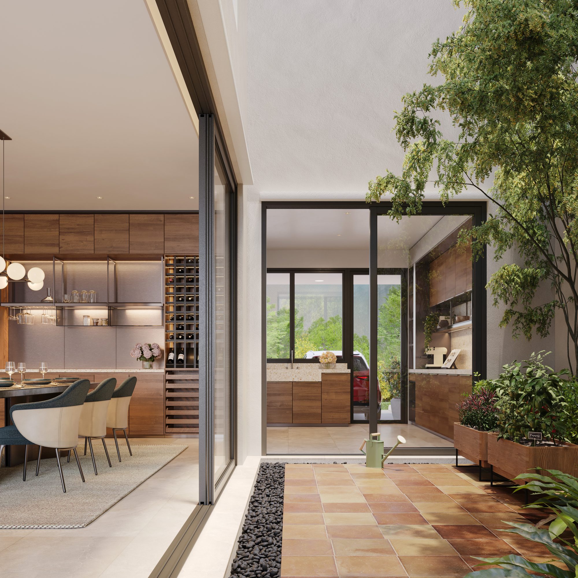 Open kitchen and dining beside a planted courtyard