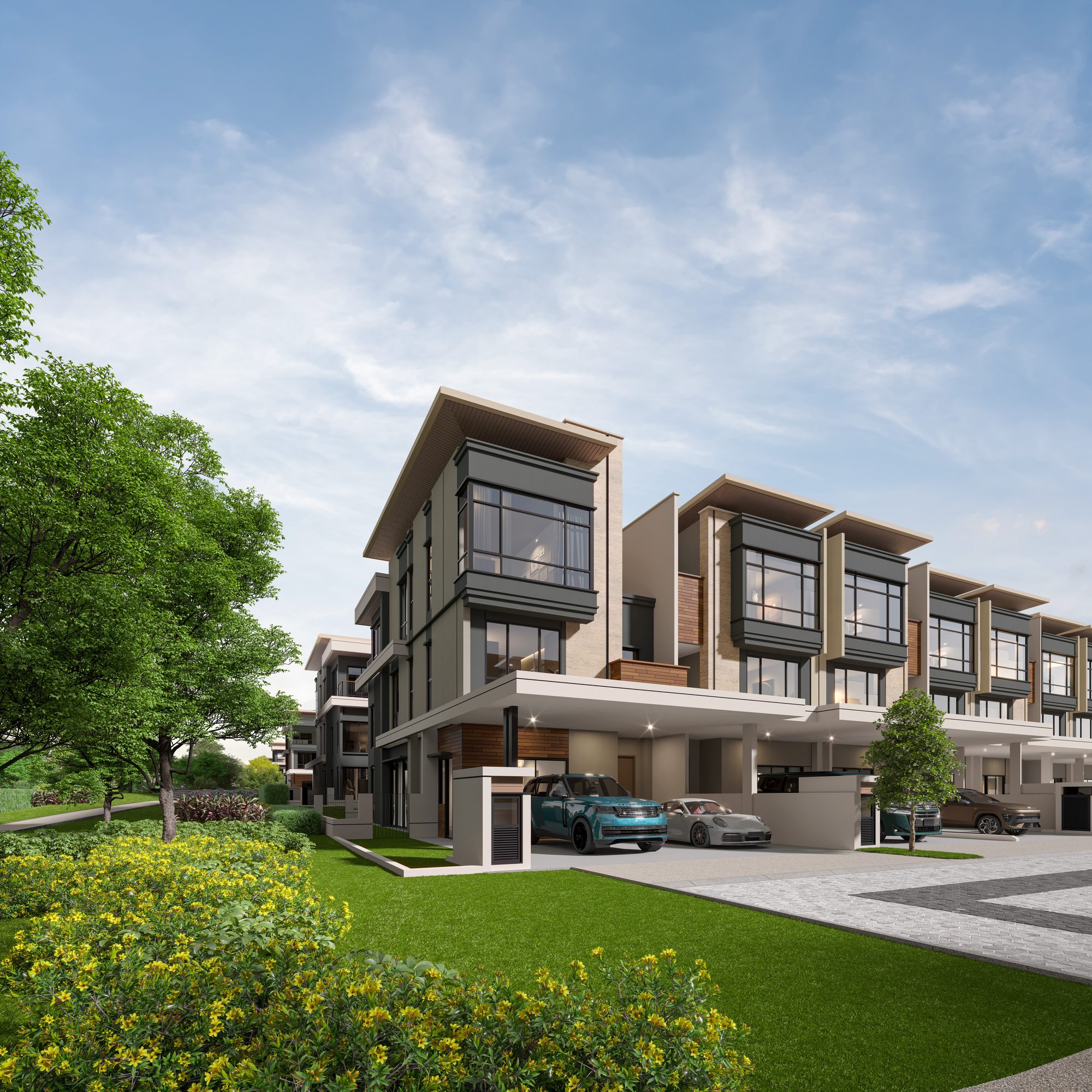 Parkhomes Type A facades amid greenery