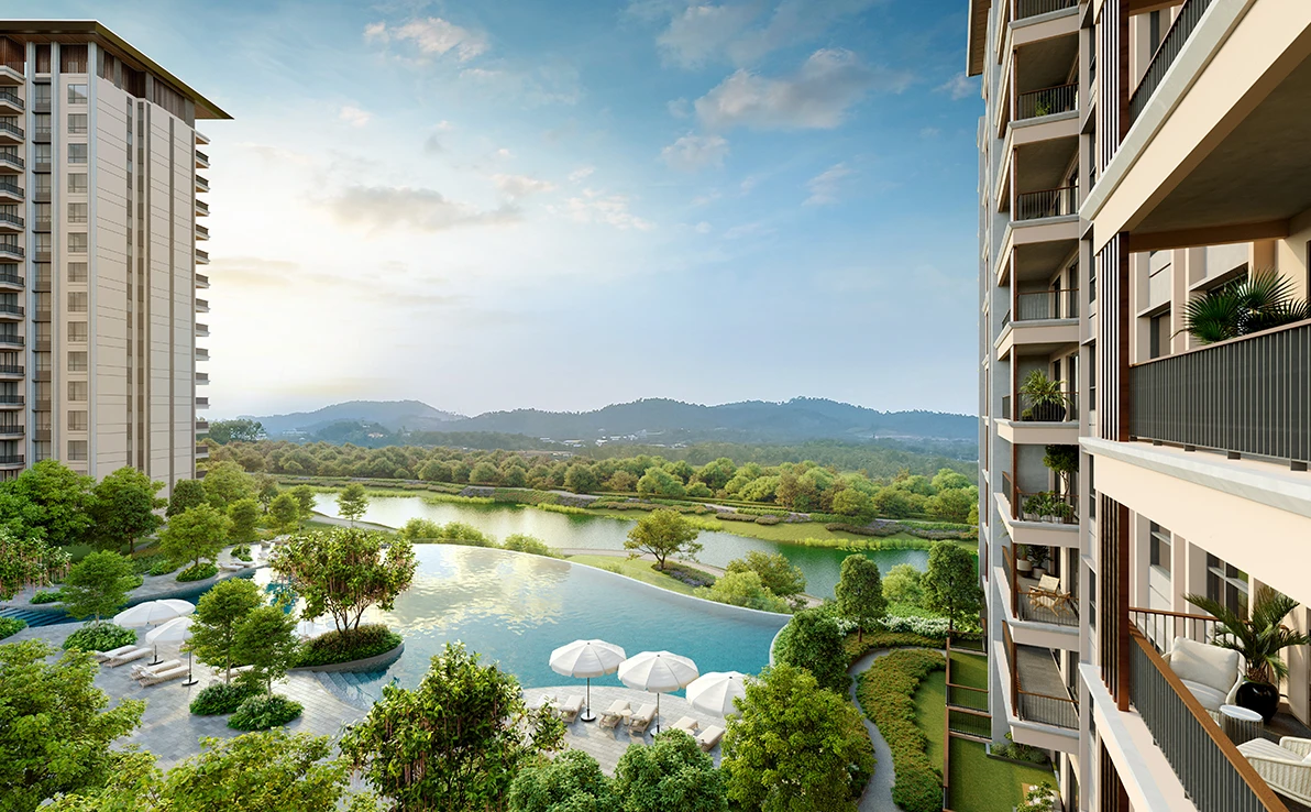 Zenia residences overlooking a landscaped pool and lake at dusk