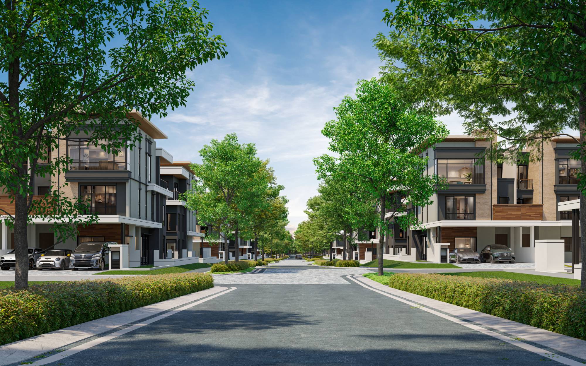 Tree-lined street of Zenia Parkhomes 3-storey residences